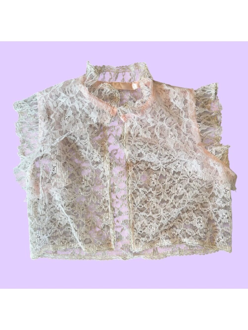 Vintage Romantic Pastel Pink Sheer Floral Lace Bolero Capelet Jacket Over Throw
